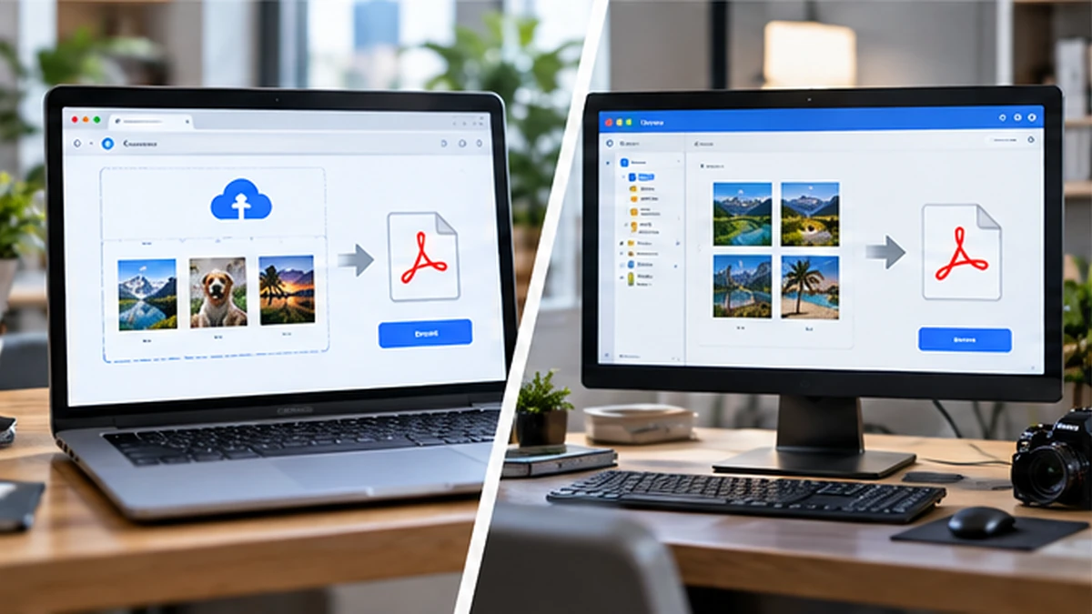 Ilustrasi perbandingan konverter JPG ke PDF berbasis browser dan aplikasi
